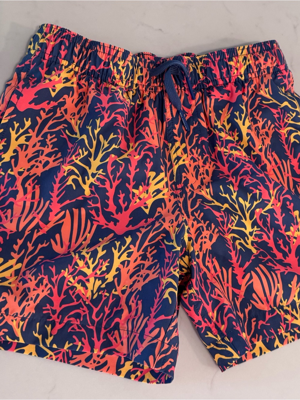 Southern Tide Kids Swim Trunks Navy with Pink, Orange & Yellow Coral Print
